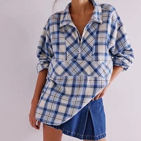 Free People We The Free Wind River Flannel Pullover Shacket Plaid Zip - Picture 1 of 13